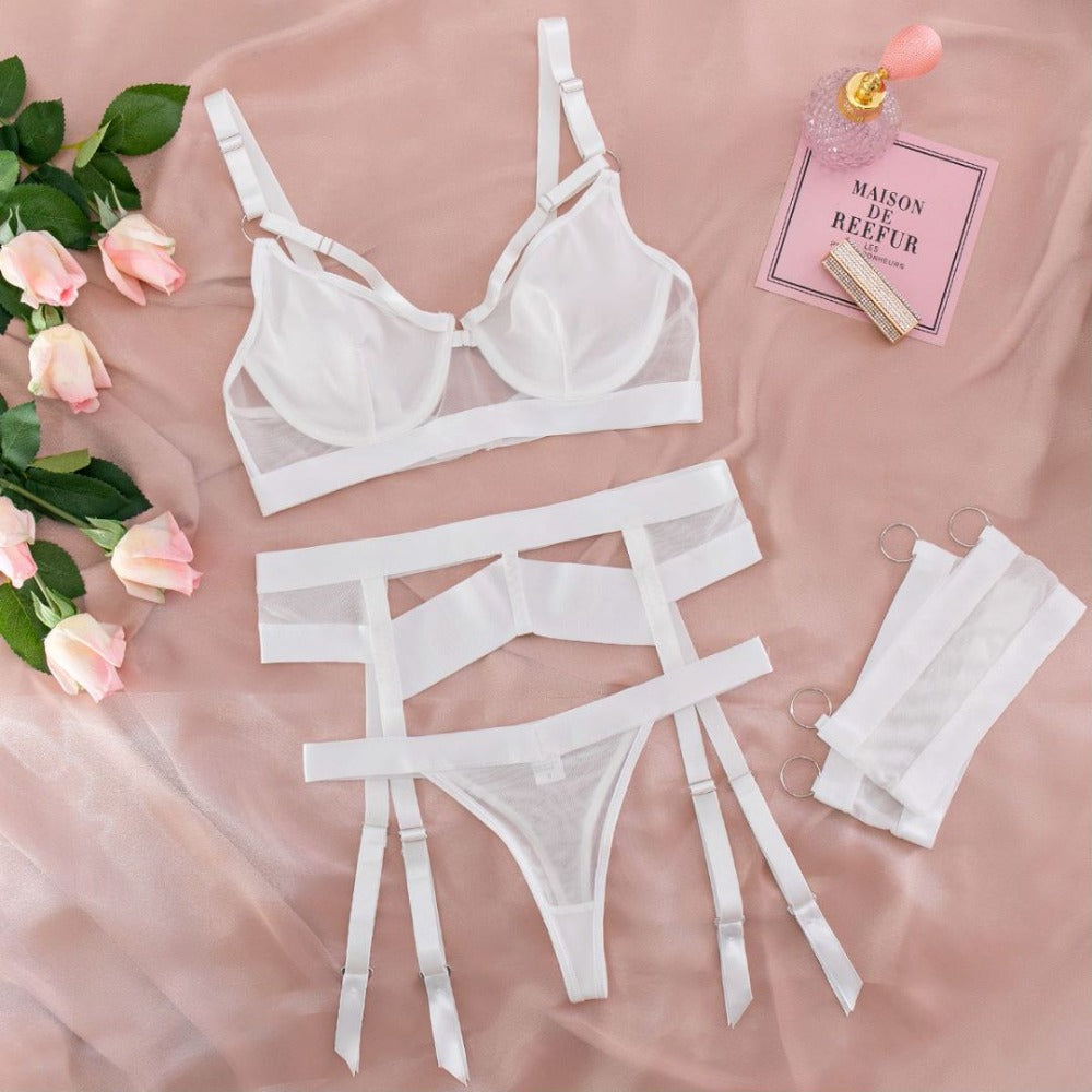 String blanc sexy pour femme, avec jarretières.