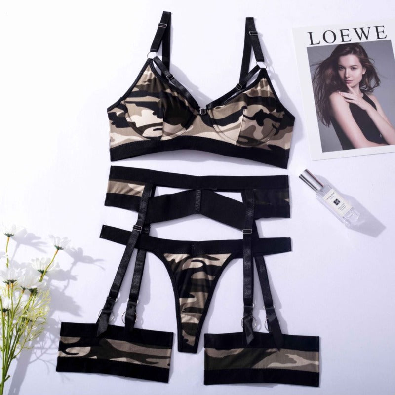 Sexy Damenunterwäsche mit Camouflage-Muster, Strumpfhalter, G-String, Tanga