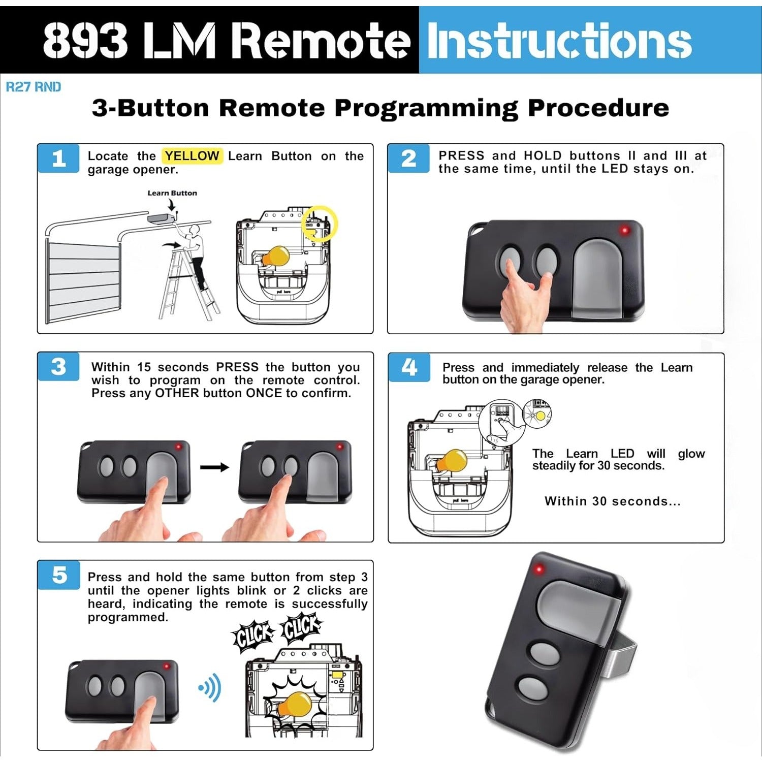 Carsine 891LM 893LM 893Max Chamberlain Craftsman Liftmaster Garage Door Opener Remote Replacement, 1993 to Present Garage Clicker, Universal Garage Door Opener Remote 1 button