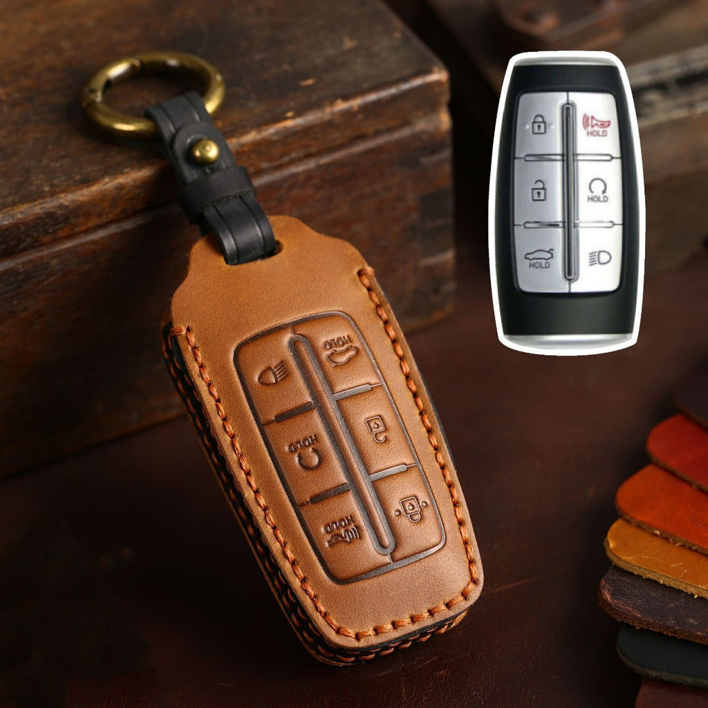 Autoschlüsselhülle aus Leder für Genesis GV70, GV80 und G90 (4, 6 oder 8 Tasten)