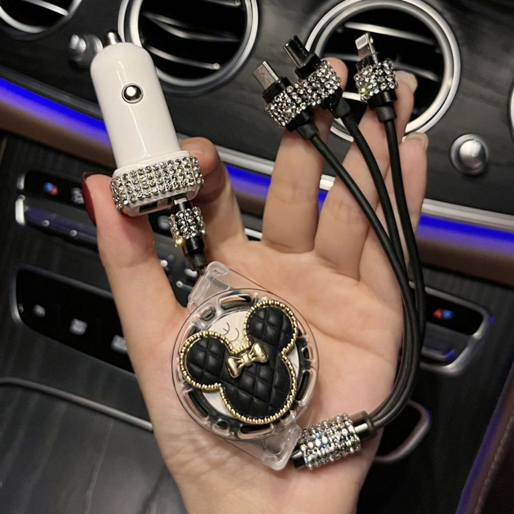 Câble de charge et de données rétractable Mickey Rhinestone pour voiture