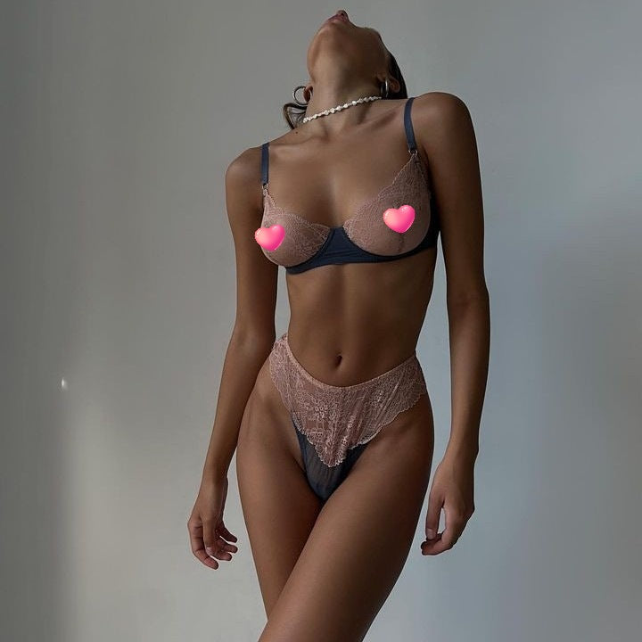 Sexy Dessous-Set aus farblich abgesetzter Spitze und Mesh, zweiteilig, G-String und Tanga