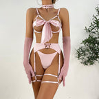 Sechsteiliges Set aus Bondage-Dessous: Hohlgürtel, lange Handschuhe, Brustgurt, sexy Dessous, G-String und Tanga