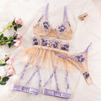 Purple Embroidered Sexy Lingerie Four-Piece Set with Skirt G string Thong