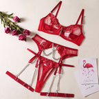 Sexy Dessous-Set, vierteilig, mit Metallkettenstickerei, Beinstrippen, G-String und Tanga