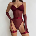Red mesh bodysuit with gloves, belt and garters