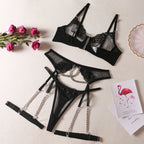 Sexy Dessous-Set, vierteilig, mit Metallkettenstickerei, Beinstrippen, G-String und Tanga