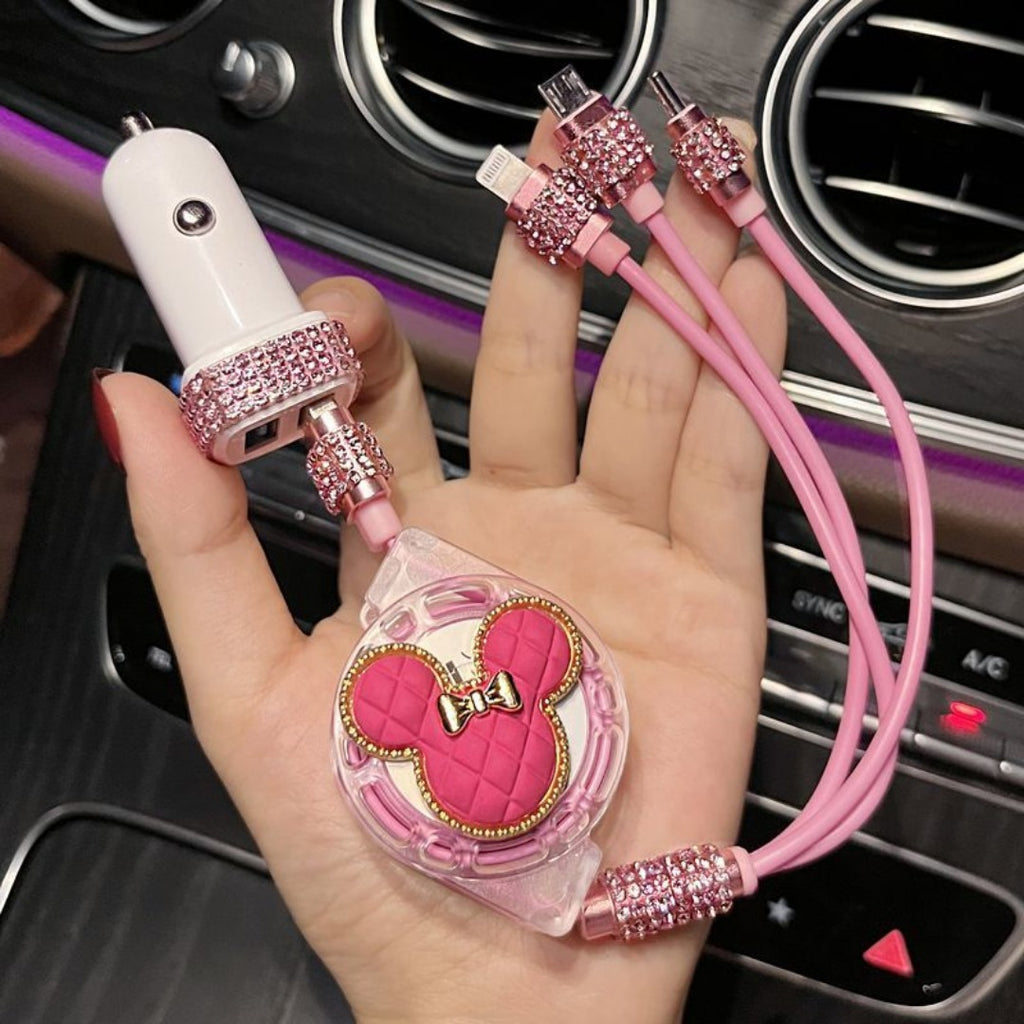 Câble de charge et de données rétractable Mickey Rhinestone pour voiture