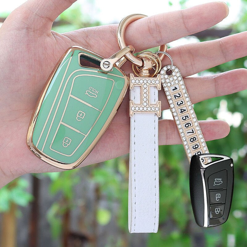 Carsine Hyundai Car Key Case Golden Edge Green / Key case + strap