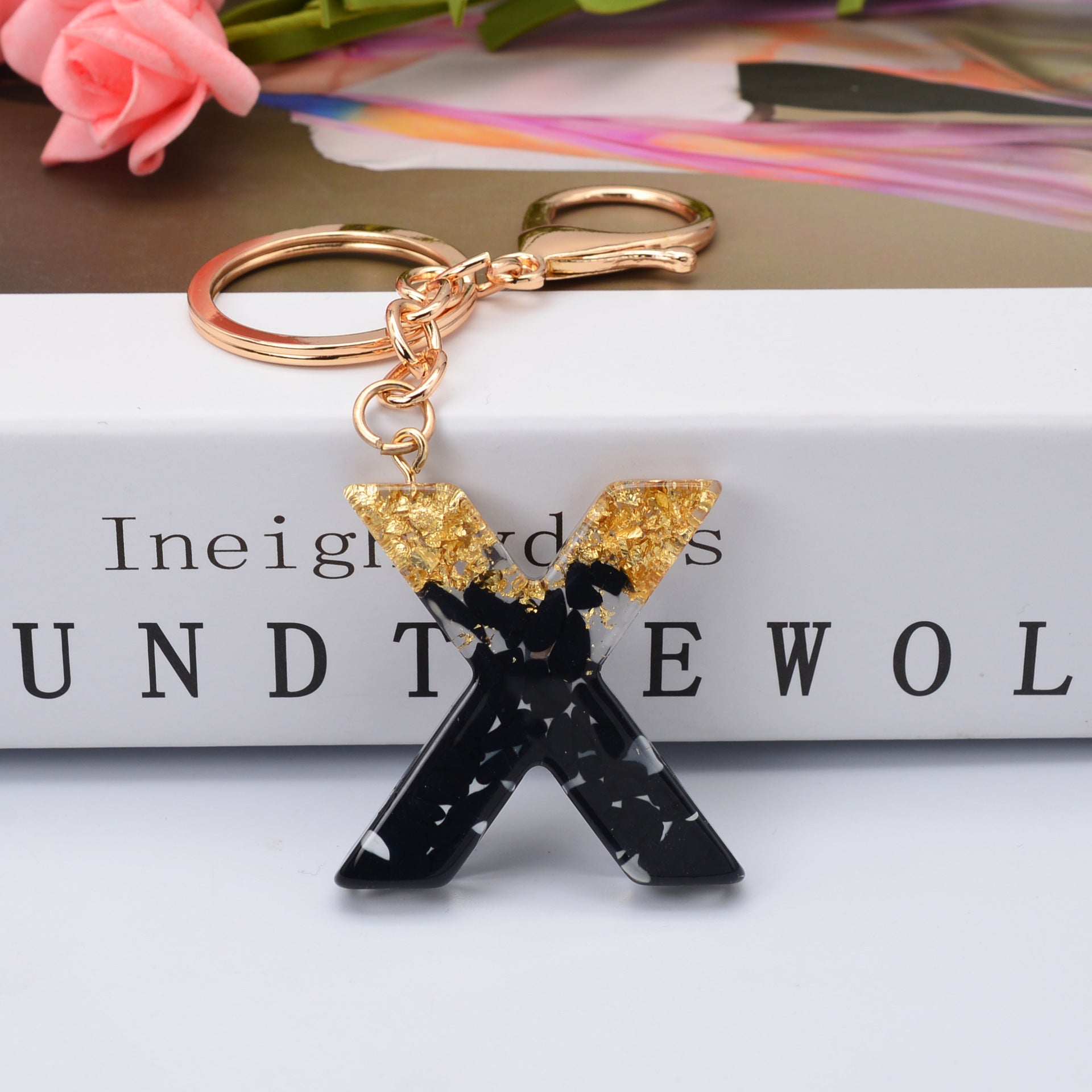 Carsine Black Pompom 26 Alphabets Keychain gold / X