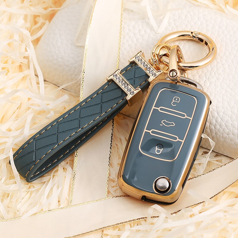 Carsine Volkswagen Car Key Case Golden Edge Grey / Key case + strap
