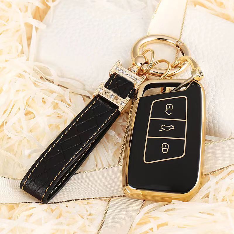 Carsine Volkswagen Car Key Case Golden Edge Black / Key case + strap