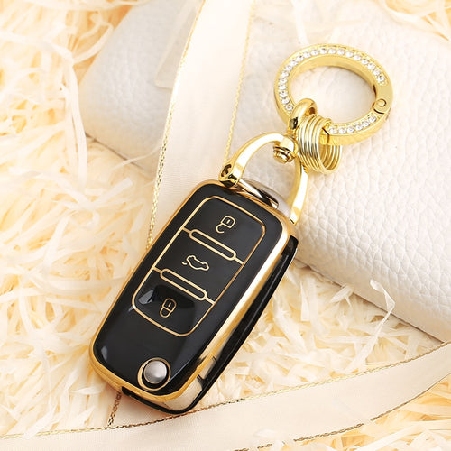 Carsine Volkswagen Vauxhall Car Key Case Golden Edge Black / Key case + O chain
